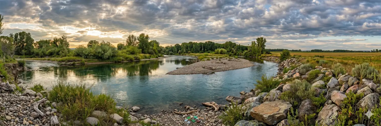 A wide river flowing through a green valley
